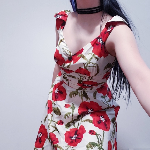 Chadwicks Collection Floral Midi White & Red Ruffle Sleeve Dress - Picture 4 of 8